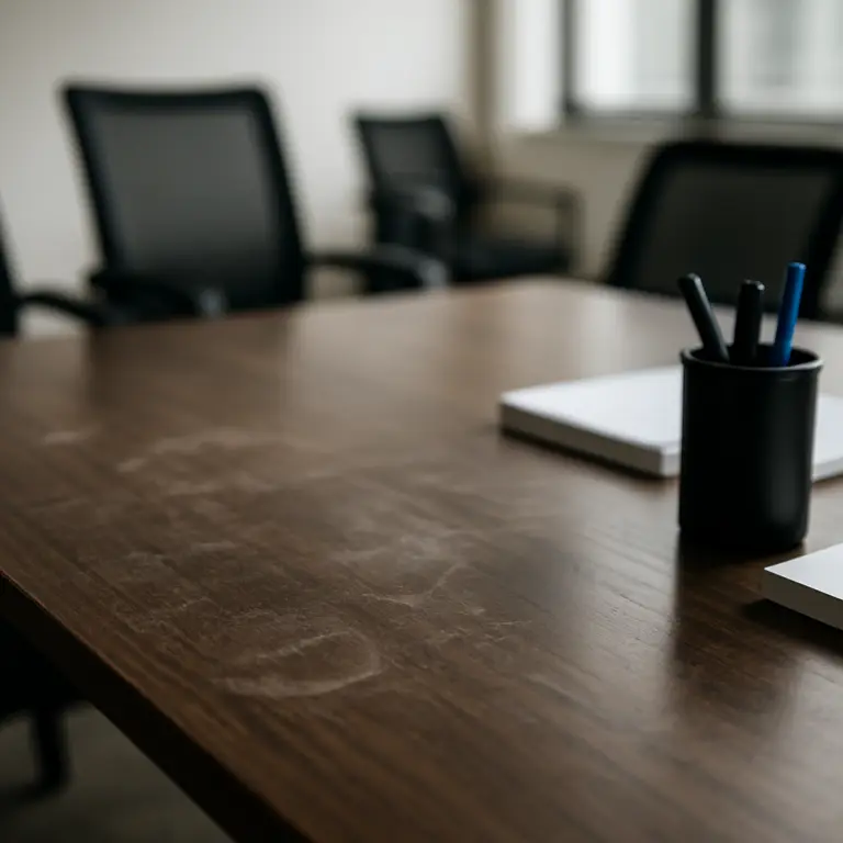 Close-up of a dusty office desk with visible smudges and poor cleaning