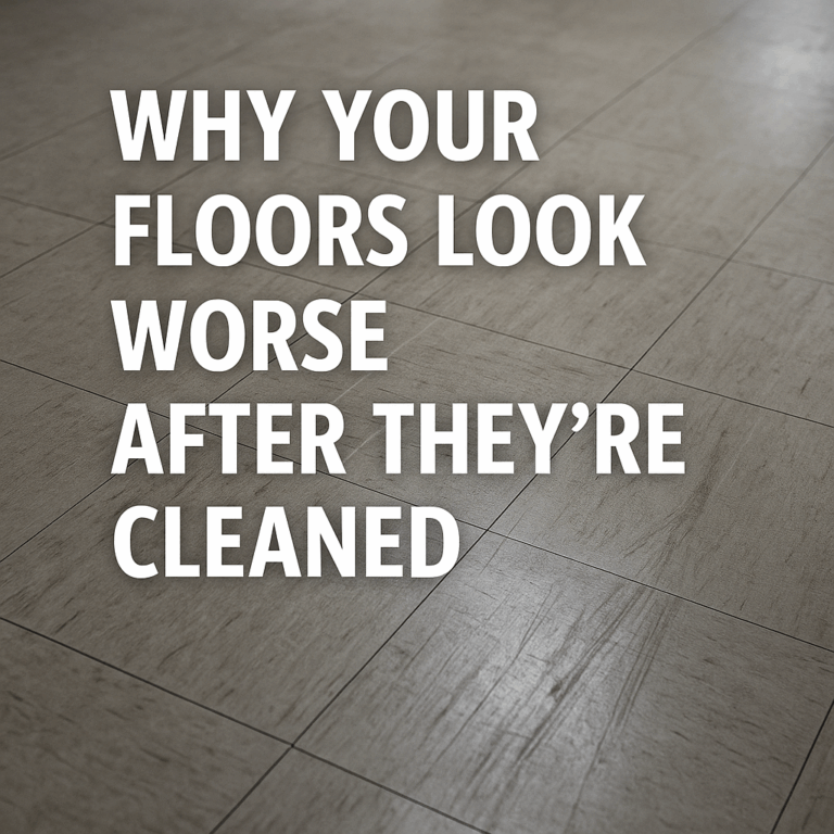 A close-up of a dull, streaky tile floor showing scuff marks and chemical damage, illustrating the effects of improper floor cleaning products.