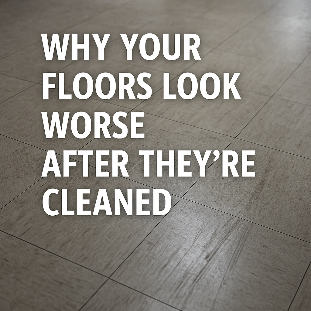 A close-up of a dull, streaky tile floor showing scuff marks and chemical damage, illustrating the effects of improper floor cleaning products.