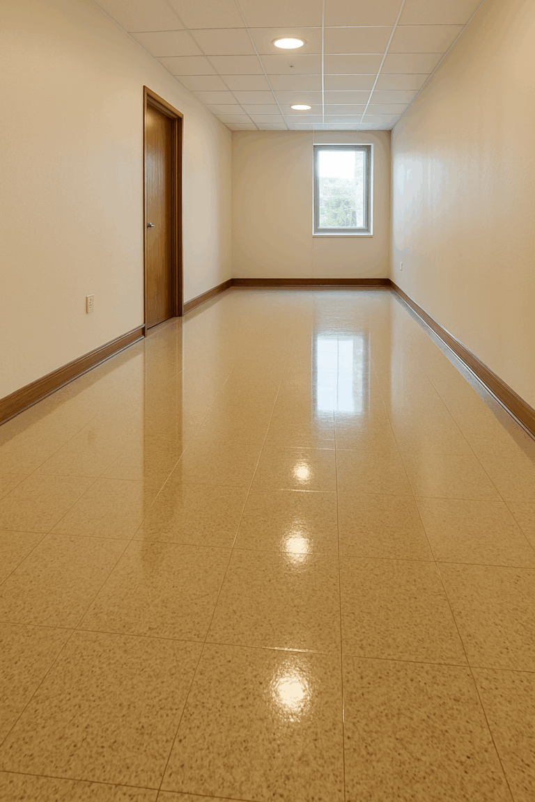 Shiny streak-free commercial hallway floor after professional cleaning.