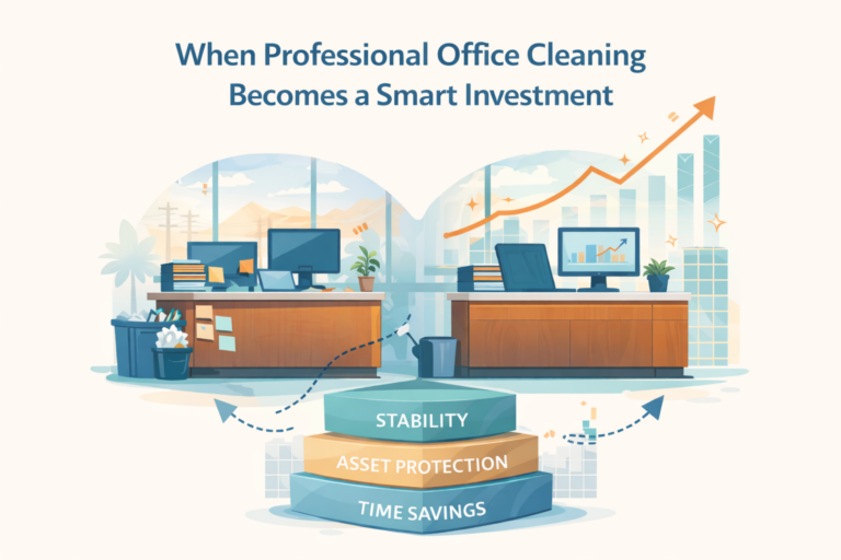 Illustration showing how professional office cleaning supports stability, asset protection, and time savings in a business office