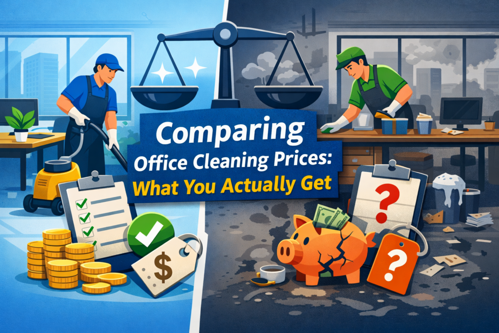 Illustration comparing two office cleaning services, showing a well-cleaned office on one side and a poorly maintained office on the other to represent differences in value behind similar pricing.