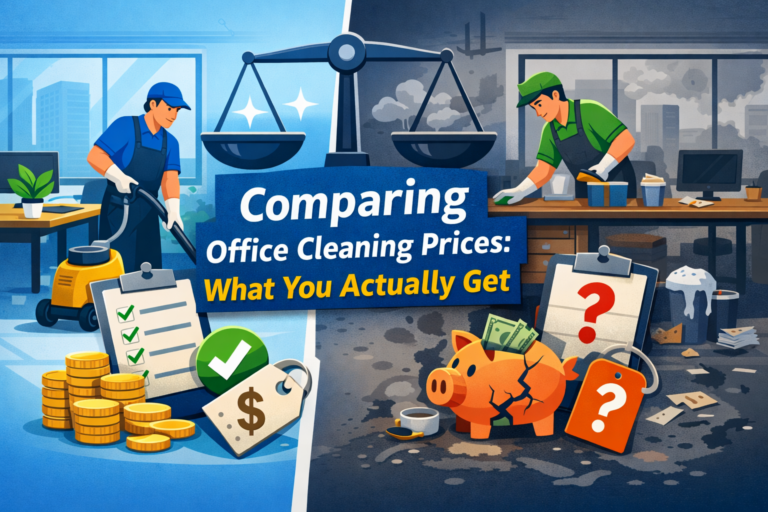 Illustration comparing two office cleaning services, showing a well-cleaned office on one side and a poorly maintained office on the other to represent differences in value behind similar pricing.