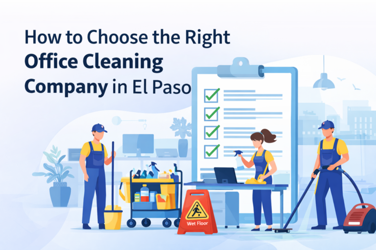 Illustrated office cleaning team reviewing a checklist while cleaning a commercial office in El Paso