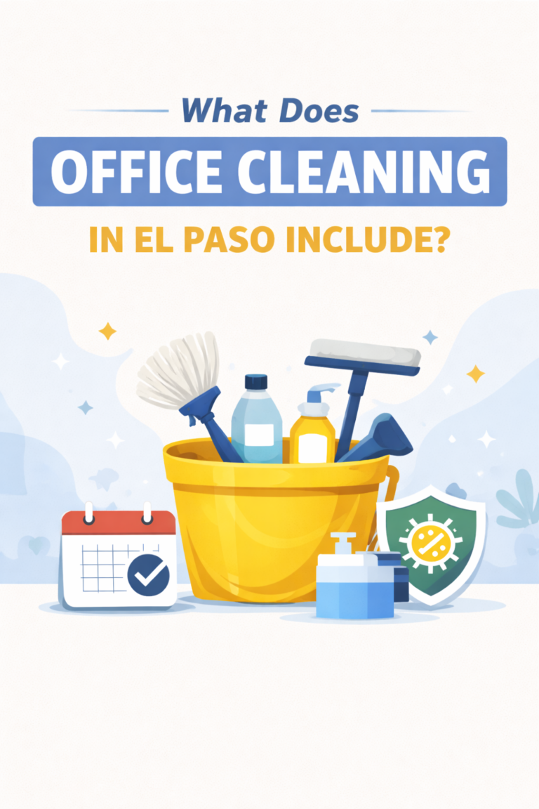 Simple illustrated graphic showing cleaning supplies with the title “What Does Office Cleaning in El Paso Include?” displayed above.