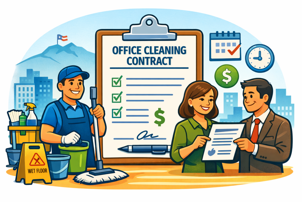 Illustrated office cleaning contract with cleaner, clipboard agreement, and business owners reviewing service terms in an office setting in El Paso.