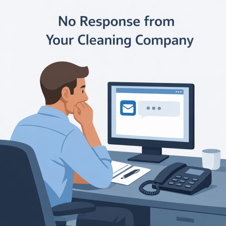 Office worker waiting for a response from a cleaning company on a computer