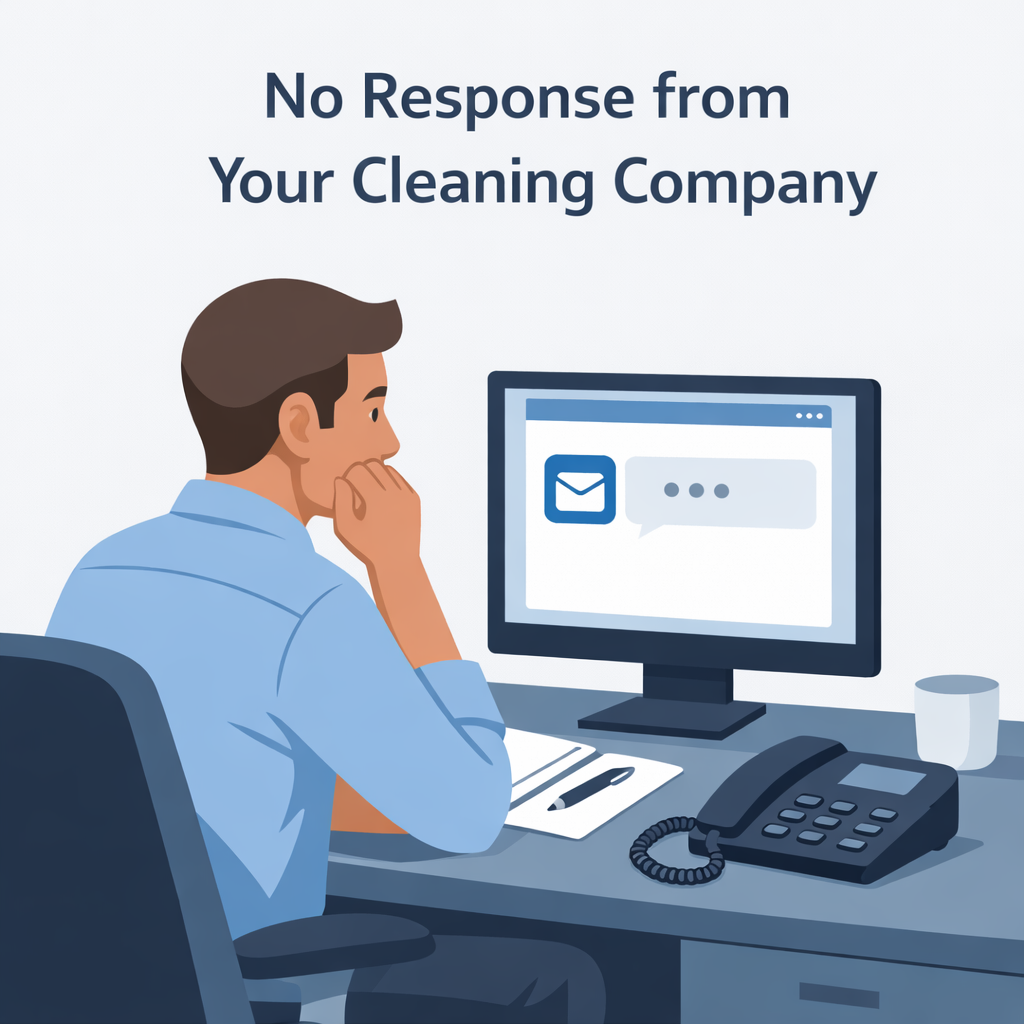 Office worker waiting for a response from a cleaning company on a computer