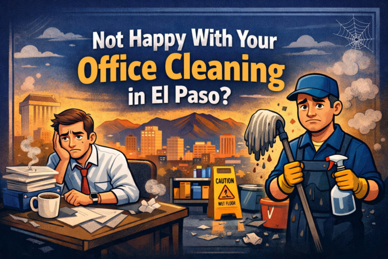 Frustrated office worker and janitor with dirty mop in messy office, representing poor office cleaning in El Paso