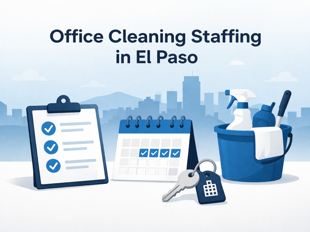 Illustrated office cleaning staffing concept with checklist, schedule, keys, and cleaning supplies in El Paso