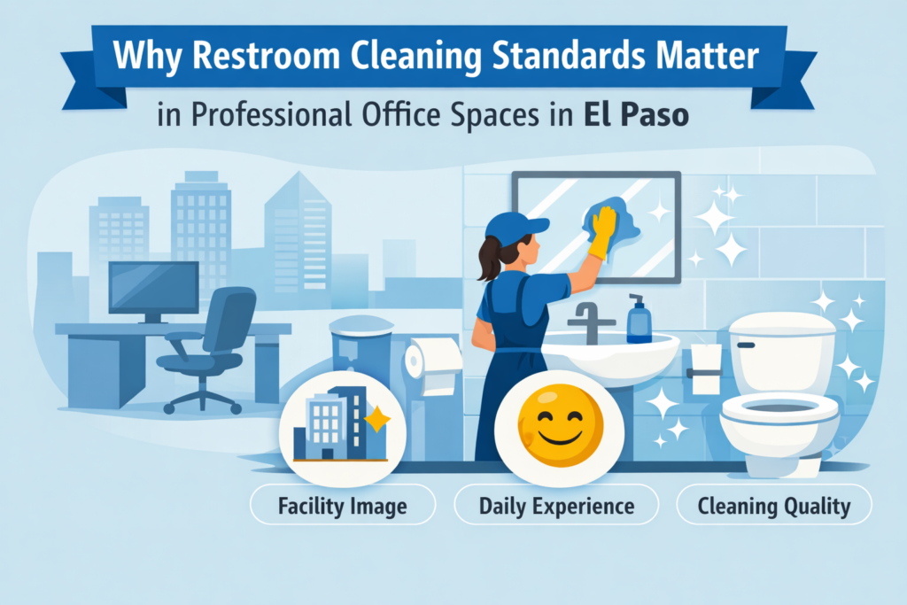 Illustration of a clean office restroom being maintained, showing a cleaner wiping a mirror with a tidy workspace in the background