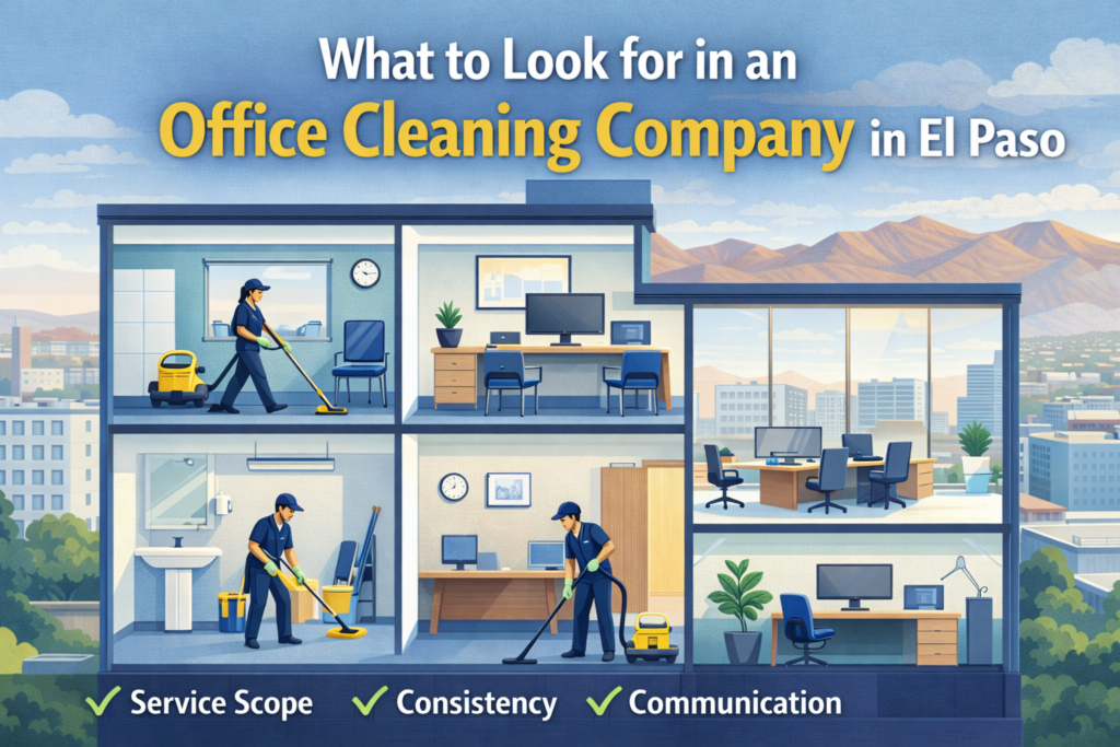 Illustrated cutaway office building showing cleaners vacuuming, mopping floors, and cleaning workspaces in a modern office in El Paso.