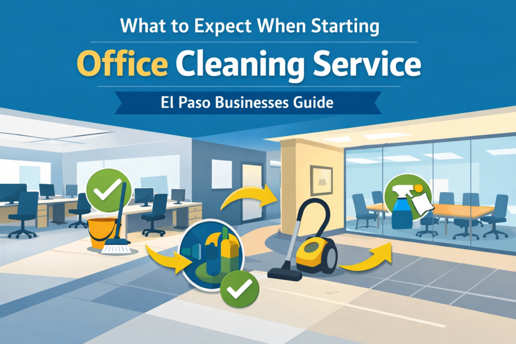 Illustrated office cleaning startup process showing an office layout with cleaning tools, checklist icons, and workflow arrows.
