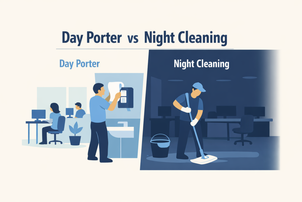 Day porter restocking supplies during the day and cleaner mopping office at night in a split illustration