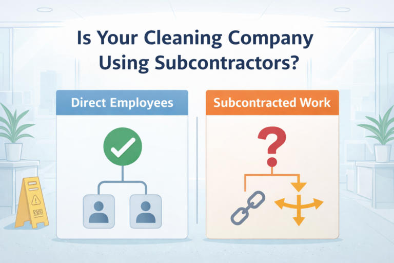 Illustration showing direct employees vs subcontracted office cleaning with a comparison chart and question about subcontractors
