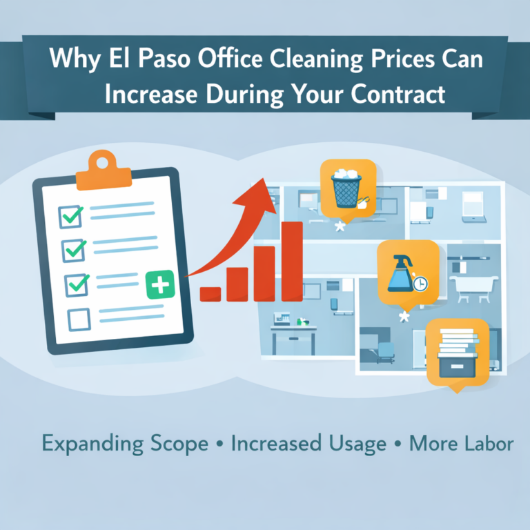 Illustration showing office cleaning scope expanding over time with increased workload and rising costs