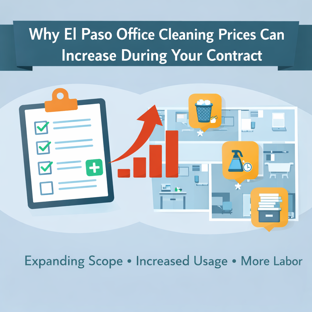 Illustration showing office cleaning scope expanding over time with increased workload and rising costs