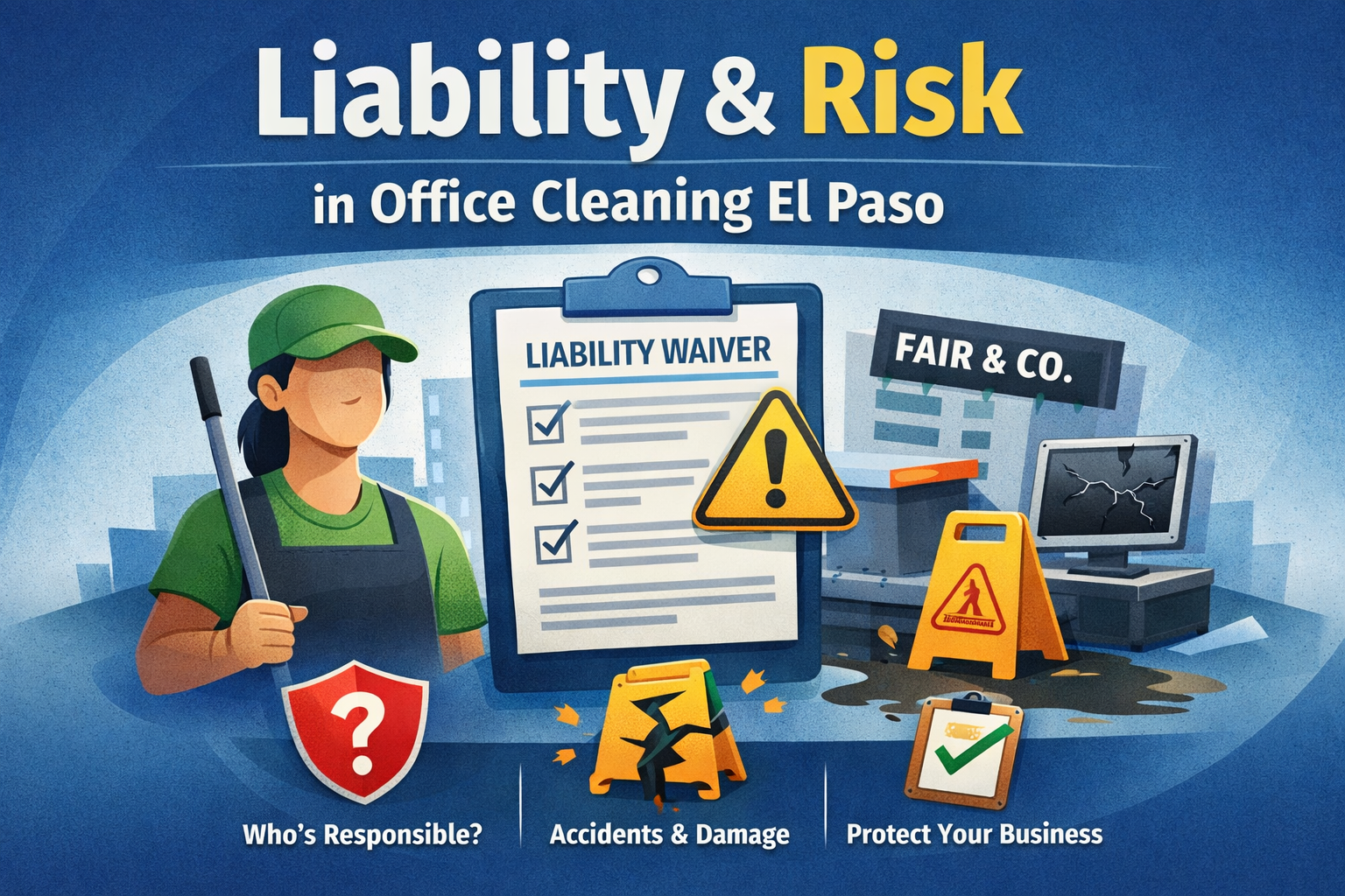 Illustration showing liability and risk in office cleaning, including property damage, safety hazards, and responsibility concerns in a commercial setting