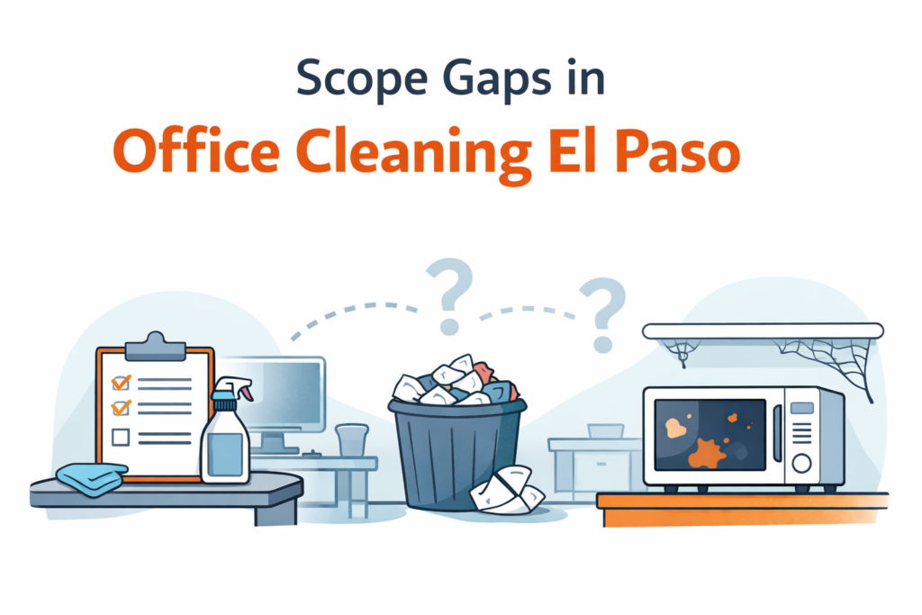 Illustration showing scope gaps in office cleaning with missed tasks like a dirty microwave, incomplete checklist, and overflowing trash